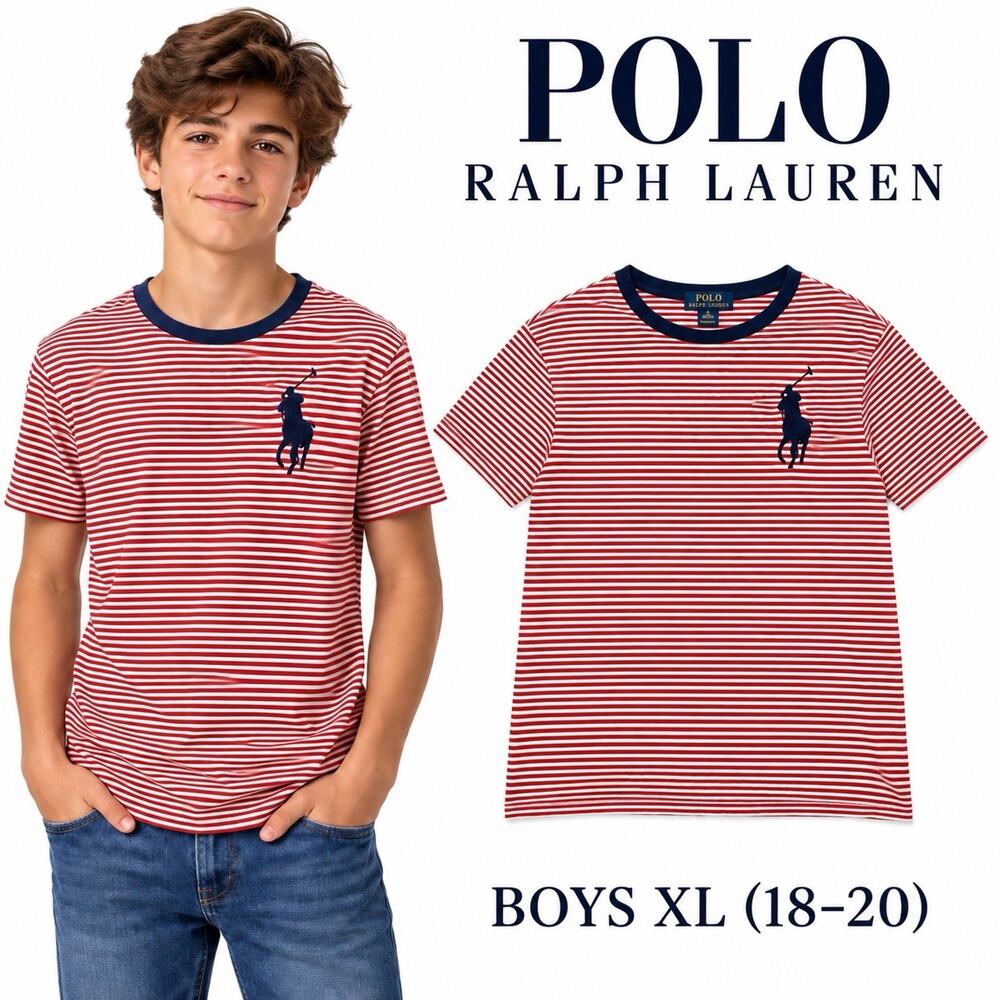 Polo Ralph Lauren Boys XL 18-20 Red White Striped Big Pony Cotton T-Shirt